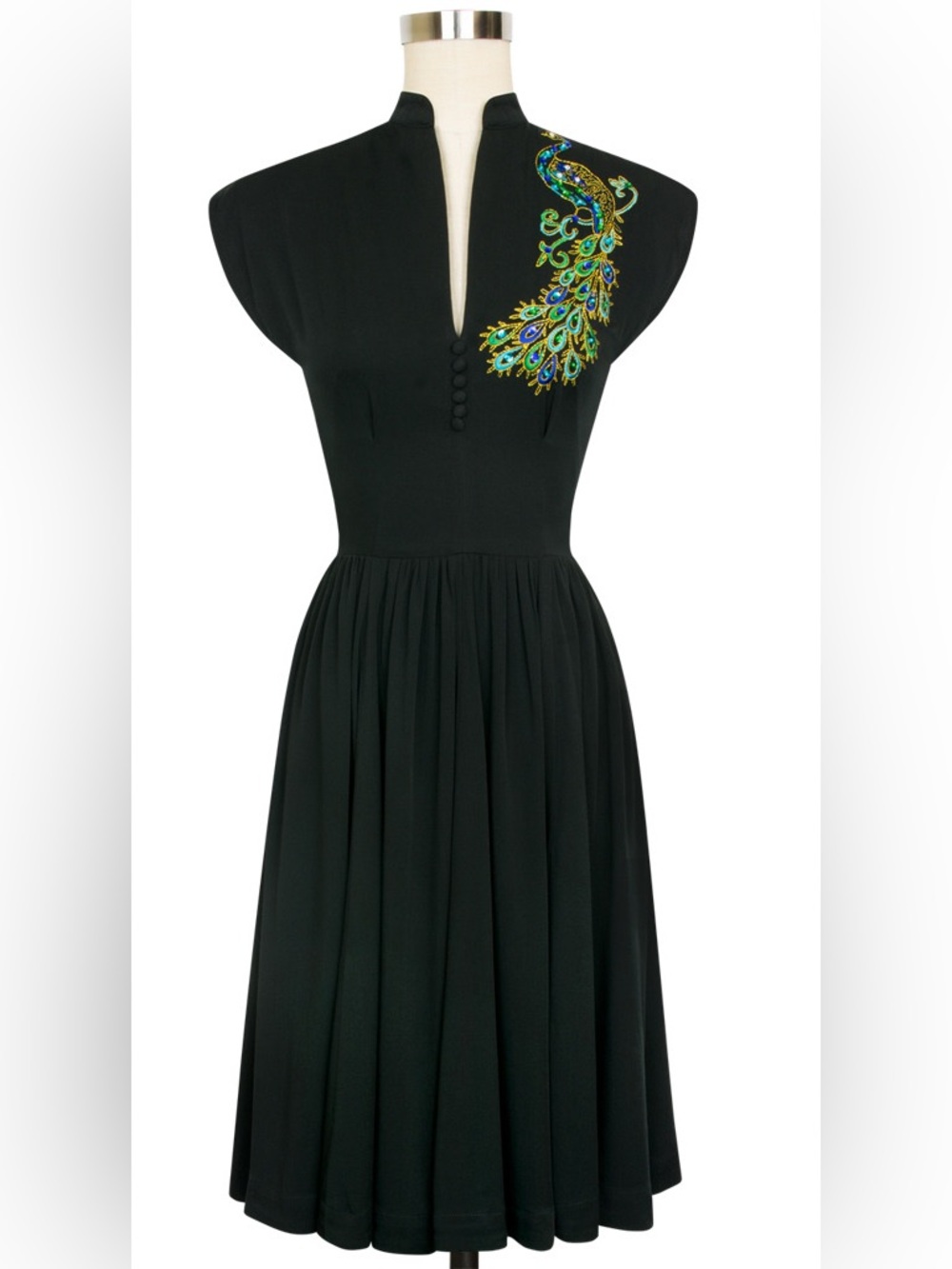 Trashy Diva Black Midi Dress with Colorful Peacock Embroidery